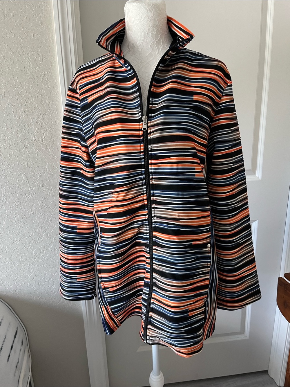 Striped Zip-Up Jacket in Navy, Orange & Cream